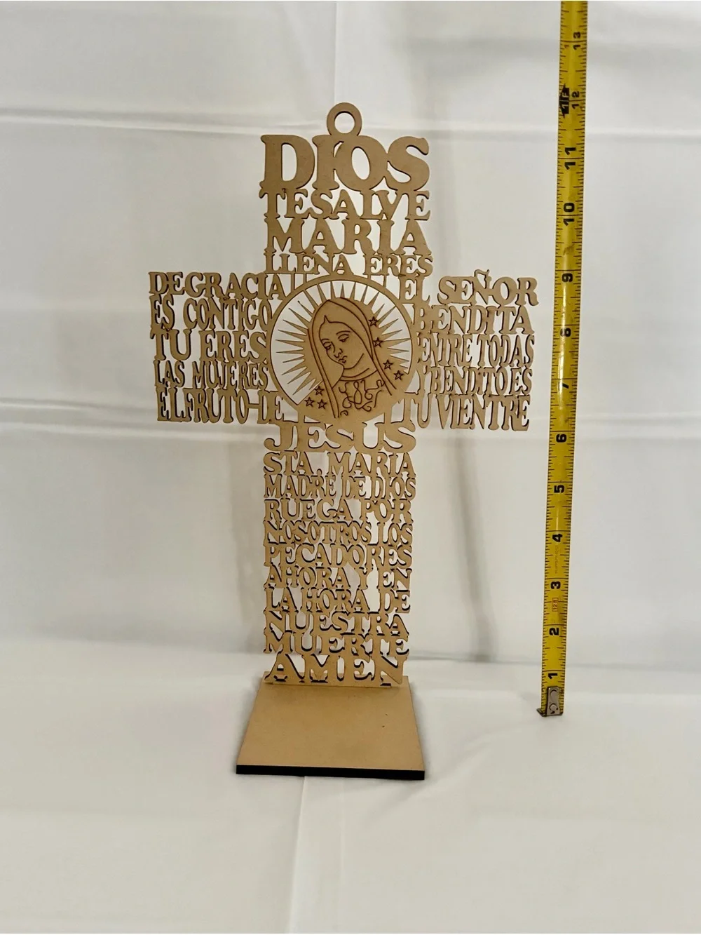Wooden Laser-Cut Cross with Virgin Mary Design - Natural Wood